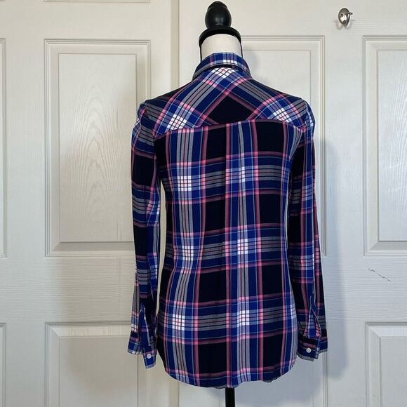 Old Navy Lightweight Flannel Blue, White, Navy & Pink Button Down Flannel, XS - Picture 5 of 13